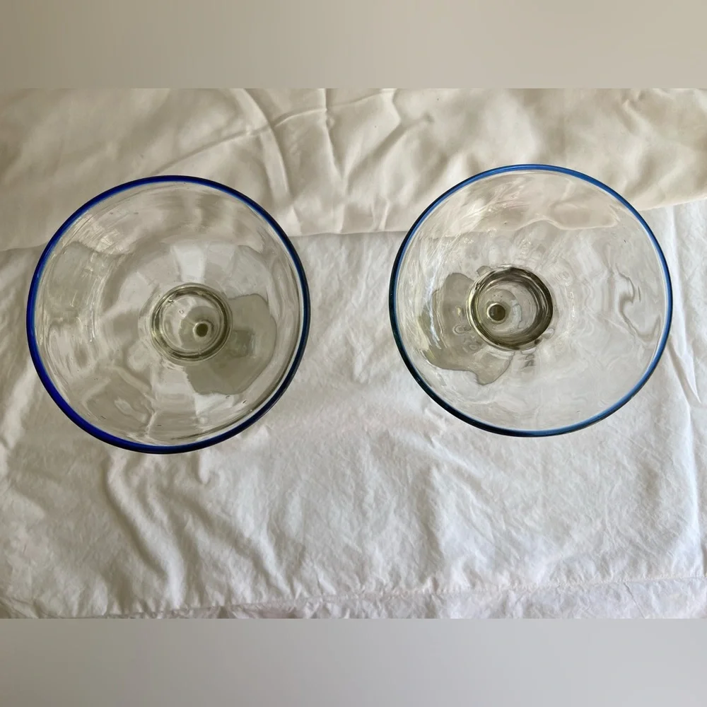 Vintage Margarita Glasses Blue Rim Mexican Hand blown 6.5” x 5”‎ set of 2